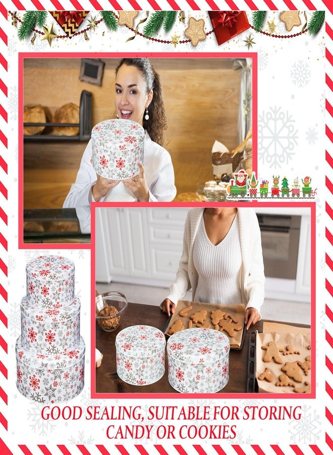 Lingvee 3 Pcs Christmas Cookie Tins with Lids for Gift Giving Tin Containers Round Festive Cookie Tins Metal Nesting Containers Large Medium Small(Lively Style,White and Red) - Image 4